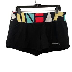 Brooks Womens Running Shorts With Inner Liner Black & Multicolor Geometric Waist